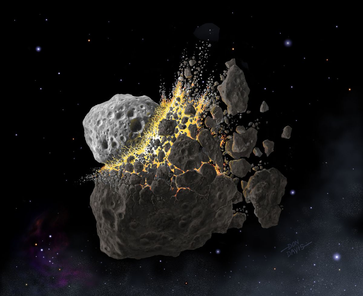 Large asteroid shatters when being hit by smaller one