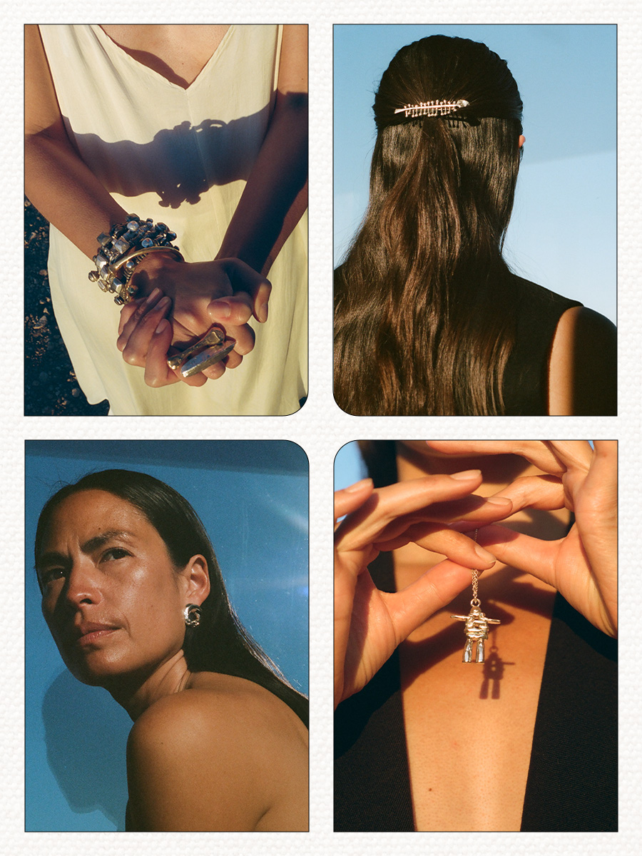 A collage of models wearing the Asian-founded jewelry brand Alighieri.