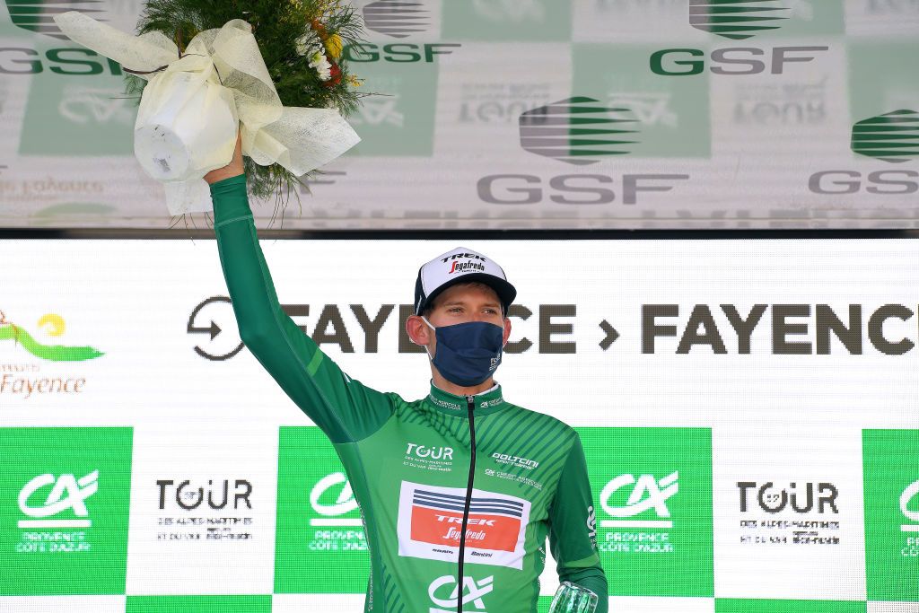 FAYENCE FRANCE FEBRUARY 20 Podium Bauke Mollema of Netherlands and Team Trek Segafredo Green Points Jersey celebrate during the 53rd Tour Des Alpes Maritimes Et Du Var Stage 2 a 1689km stage from Fayence to Fayence 357m Mask Flowers letour0683 on February 20 2021 in Fayence France Photo by Luc ClaessenGetty Images