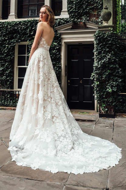 Messa Strapless Lace Embroidered Gown With Train