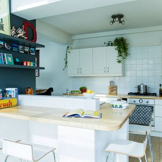 Kitchen with white counter and wooden on top