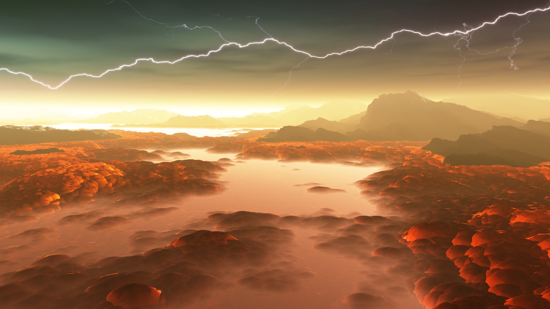 lightning crackles through a yellow-gray sky above an alien landscape of yellow gas and sharply-pointed mountains