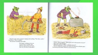 Two pages of the original Shrek book showing illustrations of the ogre and a man