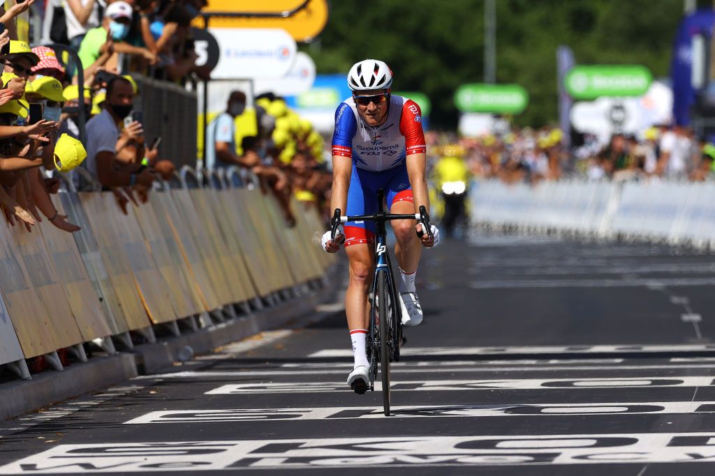 NMES FRANCE JULY 08 Stefan Kng of Switzerland and Team Groupama FDJ at arrival during the 108th Tour de France 2021 Stage 12 a 1594km stage from SaintPaulTroisChateaux to Nimes LeTour TDF2021 on July 08 2021 in Nmes France Photo by Tim de WaeleGetty Images