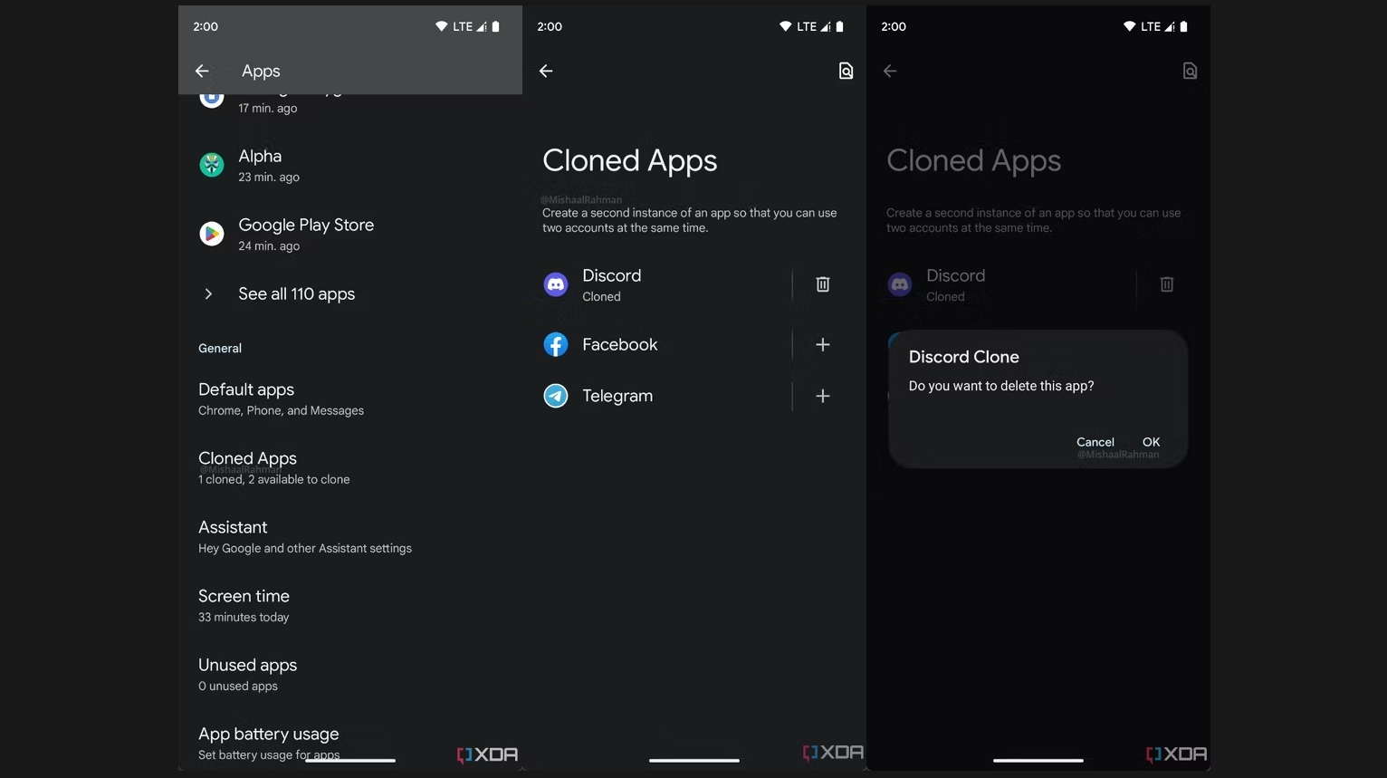 Screenshots showing the functionality of cloned apps in Android 14