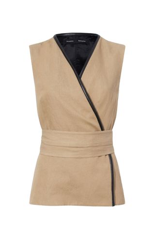 Elliot Leather-Piping Belted Cotton-Linen Sleeveless Wrap Top