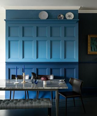 Blue dining room, stone dining table