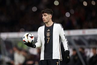Kai Havertz of Germany prepares to take a throw in during an international friendly match between Germany and Turkey at Olympiastadion on November 18, 2023 in Berlin, Germany.