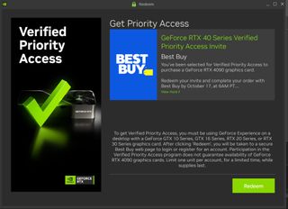 Screenshot of Nvidia GeForce Experience app showing a Priority Access link to purchase the RTX 4090 at Best Buy.