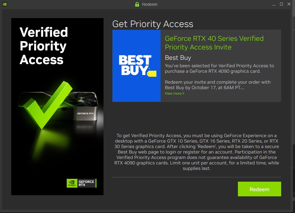 Στιγμιότυπο οθόνης της εφαρμογής Nvidia GeForce Experience που παρουσιάζει έναν σύνδεσμο πρόσβασης προτεραιότητας για την αγορά του RTX 4090 στο Best Buy