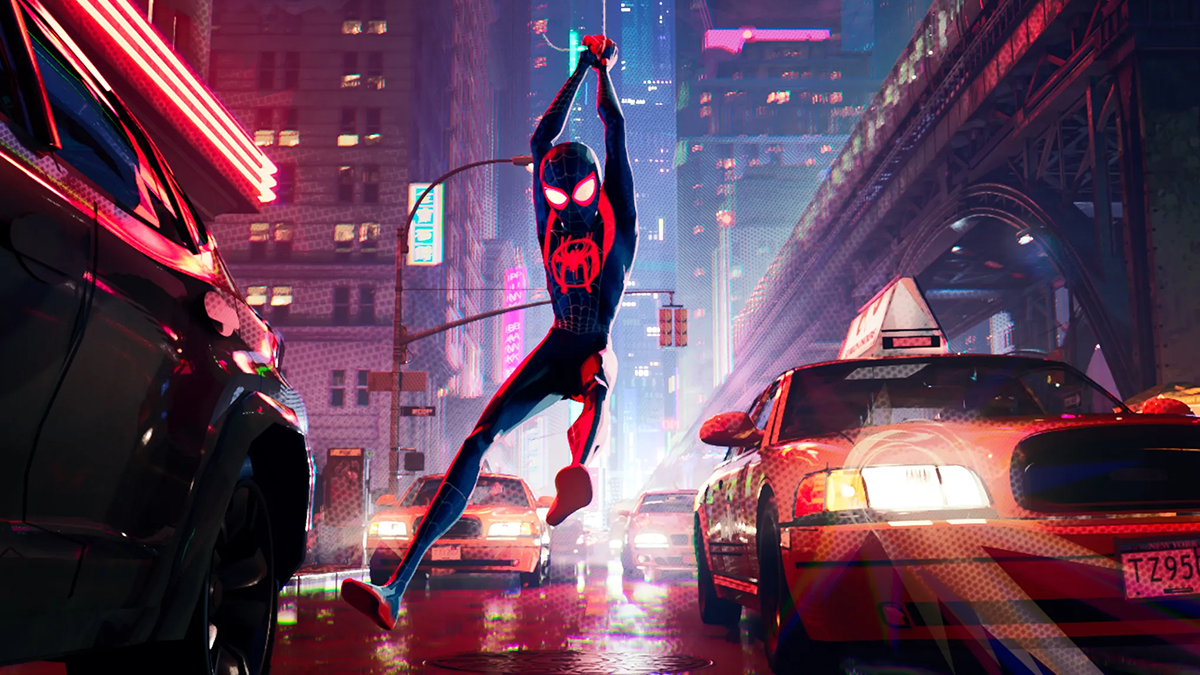 A promotional still from the animated film Spider-Man: Into the Spider-Verse