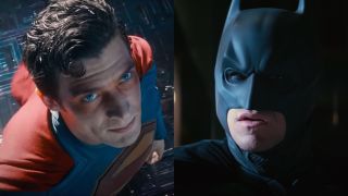 Side-by-side pictures of David Corenswet's Superman and Christian Bale's Batman