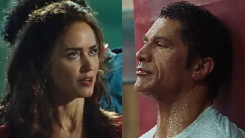 Emily Blunt and Dwayne Johnson as Dawn Staples and Mark Kerr in The Smashing Machine.