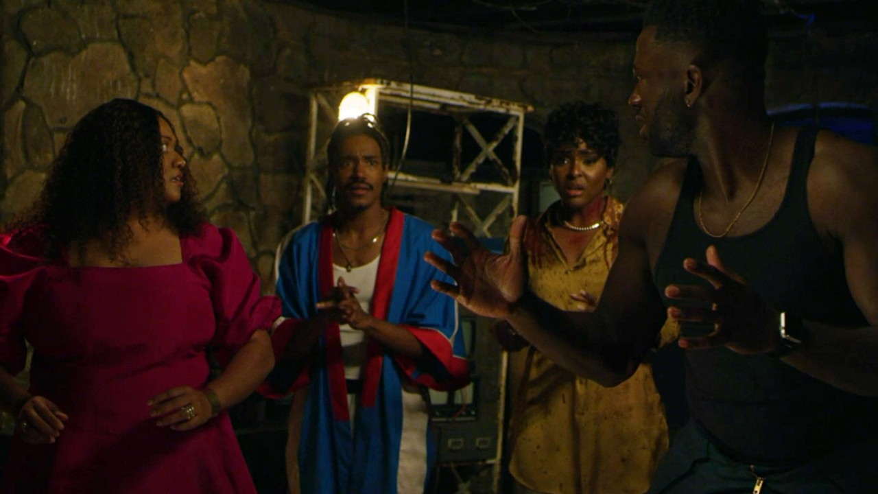 X Mayo, Dewayne Perkins, Antoinette Robertson, and Sinqua Wallis looking worried in The Blackening. 