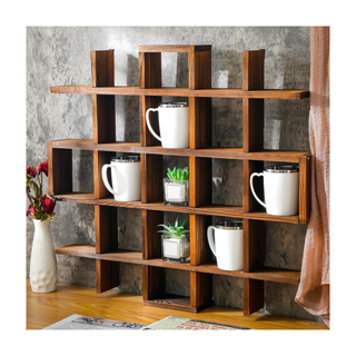 A wooden coffee mug display rack