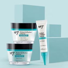 No7 Protect 
Perfect Advanced skincare products on blue background