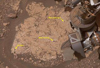 This close-up shot shows the three drill holes created by NASA's Curiosity Mars rover at the "Mary Anning" location in 2020.