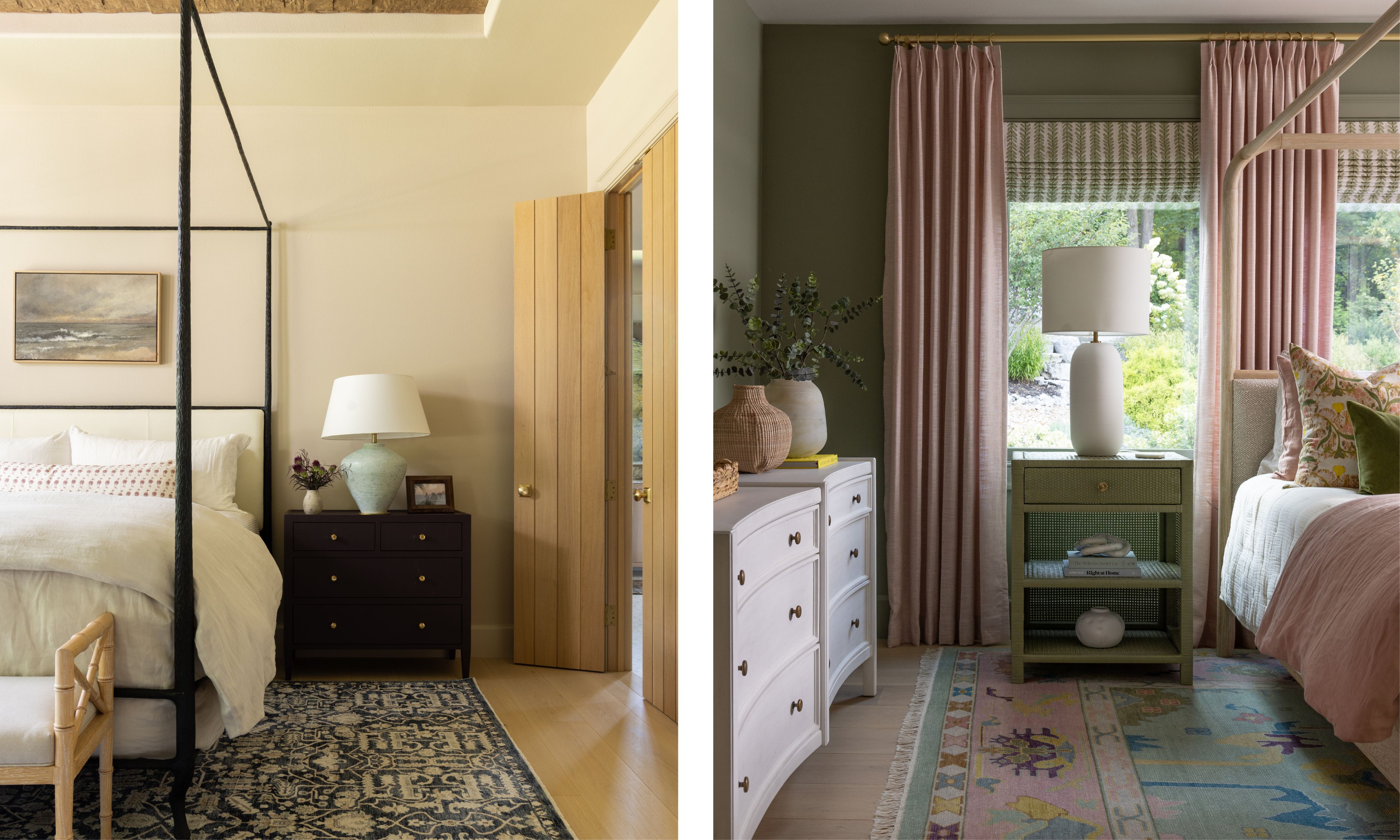 two side by side images of a neutral primary bedroom with a four poster bed and a kids bedroom on the right