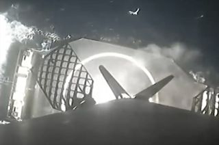 From a camera mounted on the booster, a view of a SpaceX Falcon 9 first stage approaching a landing on a drone ship in the Pacific Ocean on Sunday, Oct. 29, 2023.