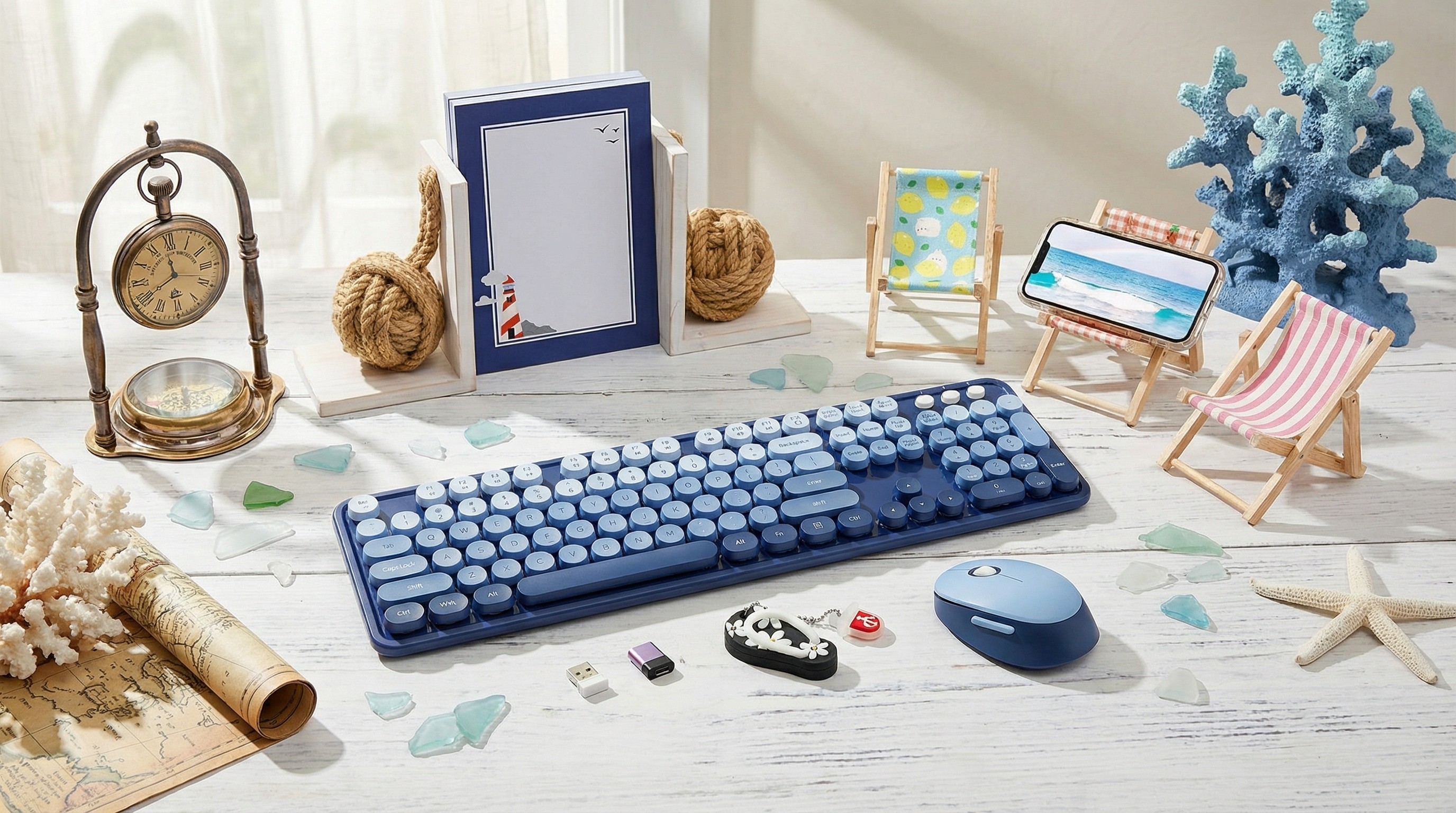 A selection of beach and nautical-themed home office decor on a desk