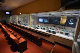 The view of the Apollo-era Mission Operations Control Room from the same viewing gallery used by dignitaries and astronaut family members during the Apollo missions.