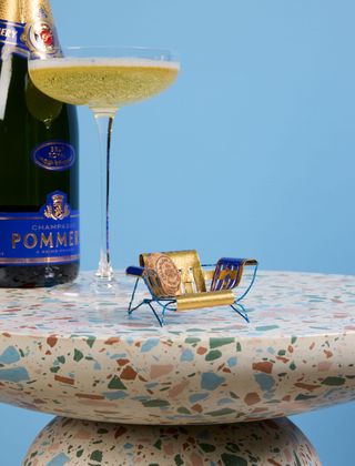 Pommery champagne and miniature chair made from cork, wrapper and wire, for Champagne chair contest