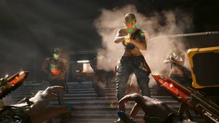 The player in Cyberpunk 2077 with the Mantis Blades equipped facing some enemies on some stairs.