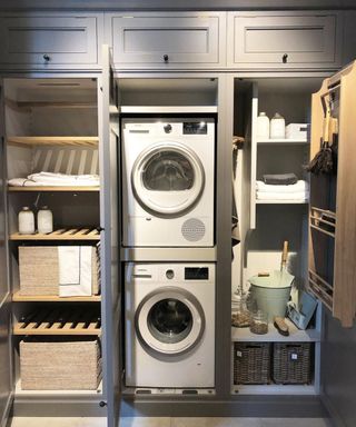 A laundry room set up inside a compact city kitchen