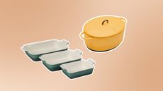 Baking dishes and yellow Dutch oven on light brown background