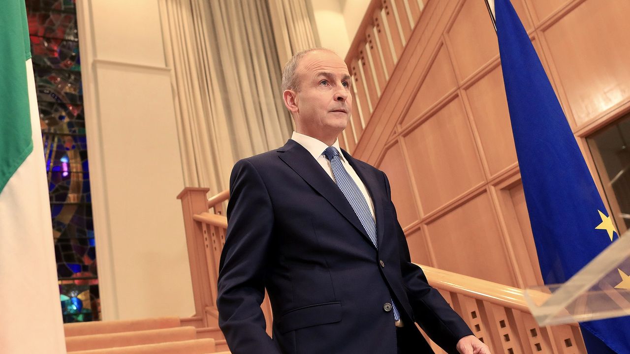 Ireland&amp;#039;s Prime Minister Micheal Martin arrives to address the Irish nation at Government Buildings in Dublin.