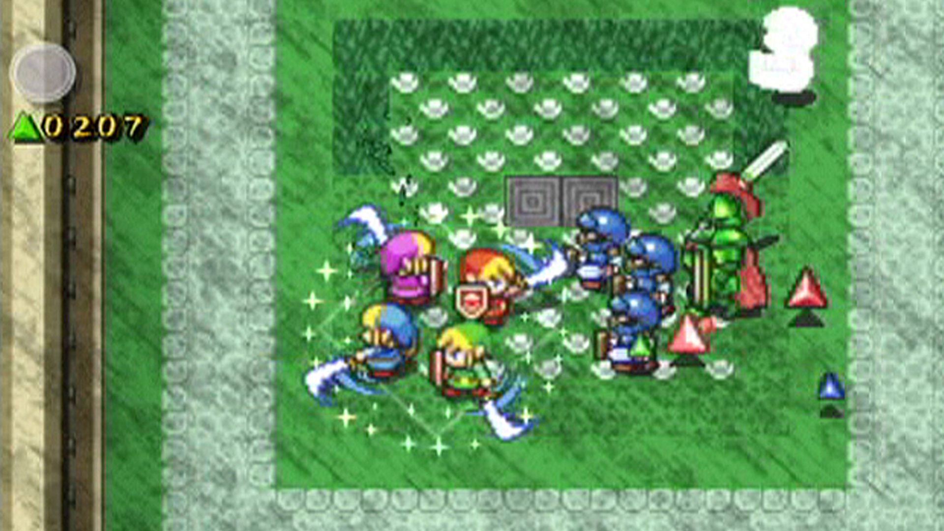 The Legend of Zelda: Four Swords Adventures - Four links doing a combined spin attack against armored enemies in a field