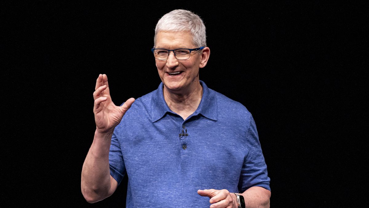 Apple CEO Tim Cook pictured on stage at the Apple Worldwide Developers Conference at Apple Park campus in Cupertino, California, US, on Monday, June 10, 2024. 