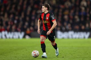 BOURNEMOUTH, ENGLAND - JANUARY 11: Milos Kerkez of Bournemouth during the Emirates FA Cup Third Round match between AFC Bournemouth and West Bromwich Albion at Vitality Stadium on January 11, 2025 in Bournemouth, England. (Photo by Robin Jones - AFC Bournemouth/AFC Bournemouth via Getty Images) Manchester United