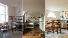 three split image of kitchens with a European style