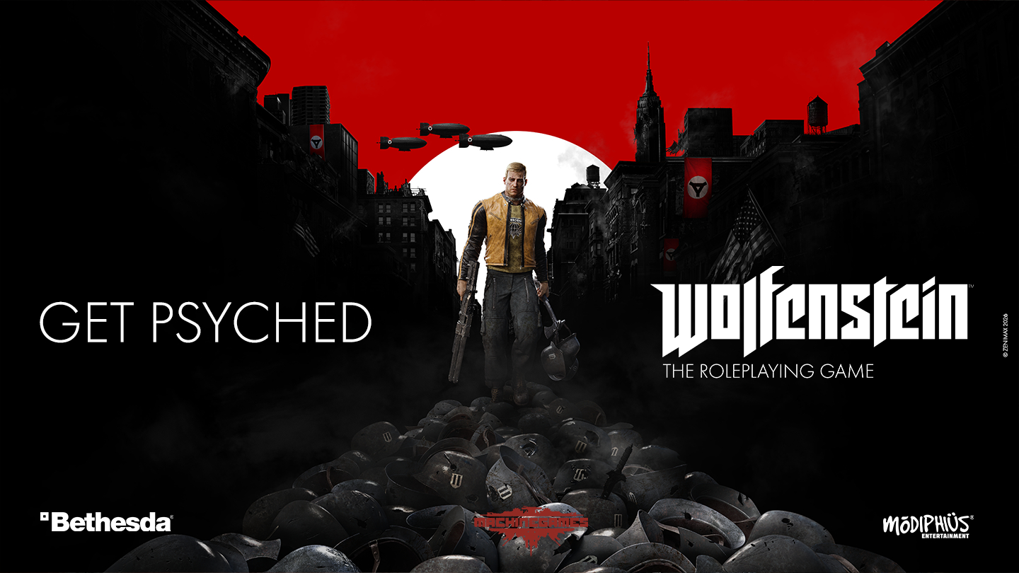 A man armed with multiple weapons strides into the foreground across a pile of helmets with a city scape and red sky visible behind, with "Get Psyched" and the Wolfenstein RPG logo visible