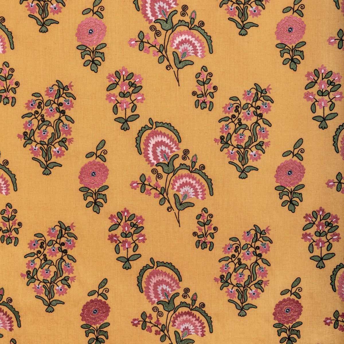 Yellow floral wallpaper with pink flower motifs