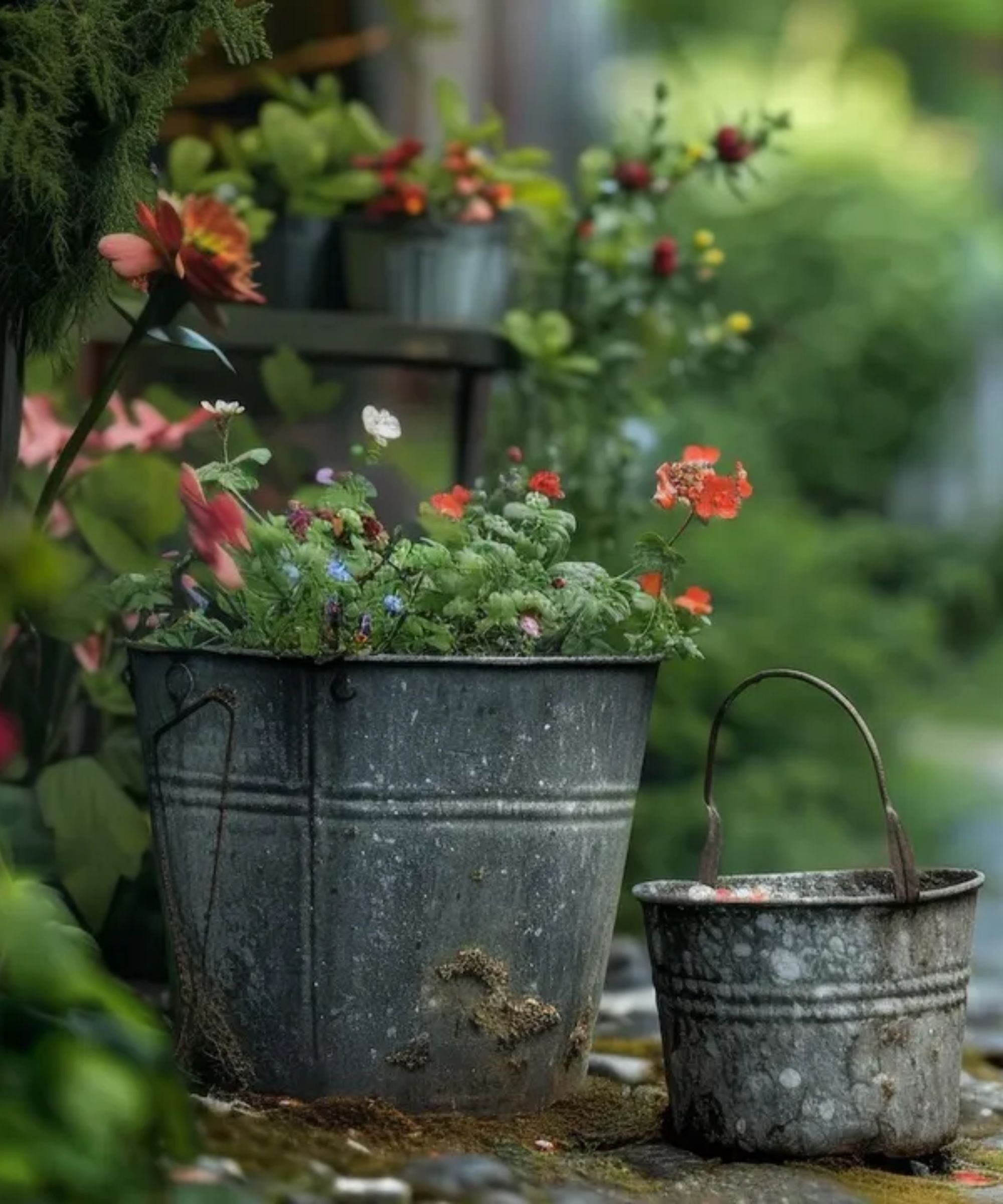 buckets in garden with flowers