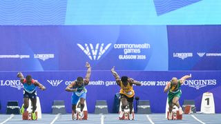 A view of the men's 100m heats at Scotstoun Stadium during Commonwealth Games 2026