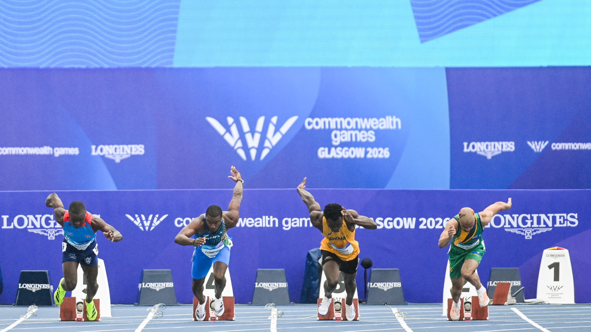 A view of the men's 100m heats at Scotstoun Stadium during Commonwealth Games 2026