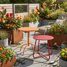 Colorful tables on a patio on a sunny day