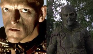 The Hills Have Eyes Michael Berryman with a menacing look Swamp Thing looking sympathetic in the swa