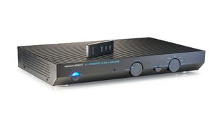 Musical Fidelity A1 amplifier with remote on white background