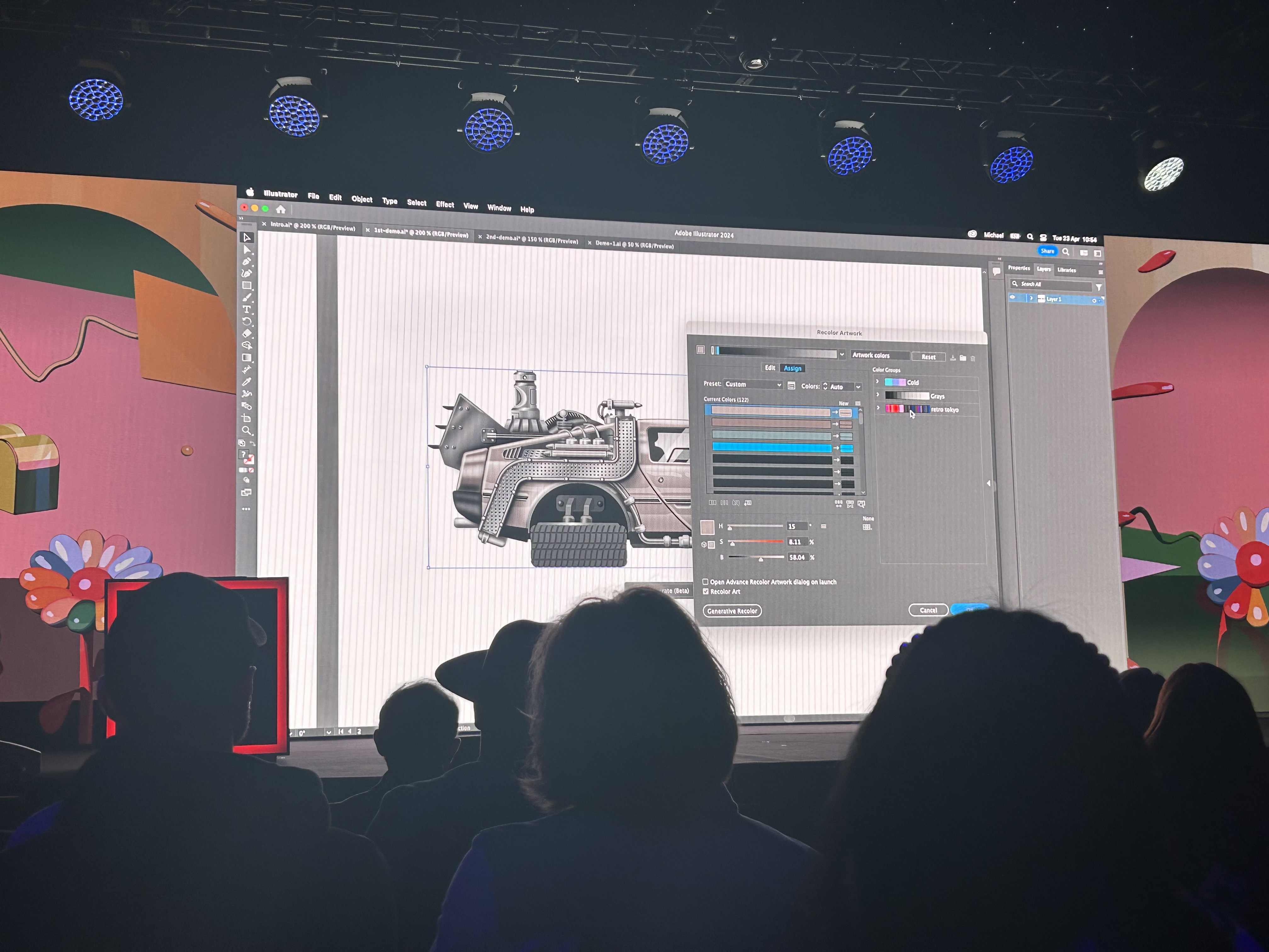 Illustrator tools being shown on an image of a bus and a car