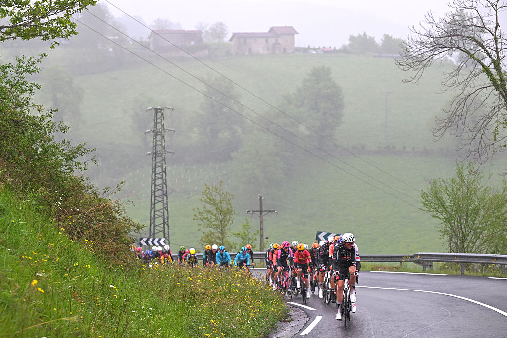 ANTZUOLA, SPAIN - APRIL 11: Brandon McNulty of United States and UAE Team Emirates - XRG leads the peloton during the 65th Itzulia Basque Country 2026, Stage 6 a 135.2km stage from Goizper-Antzuola to Bergara / #UCIWT / on April 11, 2026 in Goizper-Antzuola, Spain. (Photo by Tim de Waele/Getty Images)