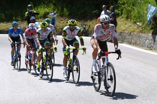 ALPE DI MERA VALSESIA ITALY MAY 28 Larry Warbasse of United States and AG2R Citren Team Andrea Pasqualon of Italy and Team Intermarch Wanty Gobert Matriaux Quinten Hermans of Belgium and Team Intermarch Wanty Gobert Matriaux Nicola Venchiarutti of Italy and Team Androni Giocattoli Sidermec Giovanni Aleotti of Italy and Team Bora Hansgrohe Mark Christian of United Kingdom and EOLOKOMETA Cycling Team in breakaway during the 104th Giro dItalia 2021 Stage 19 a 166km stage from Abbiategrasso to Alpe di Mera Valsesia 1531m Stage modified due to the tragic events on May the 23rd 2021 that involved the Mottarone Cableway UCIworldtour girodiitalia Giro on May 28 2021 in Alpe di Mera Valsesia Italy Photo by Tim de WaeleGetty Images