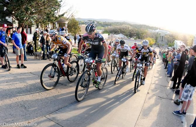 Pro men's peleton climbing early in the race