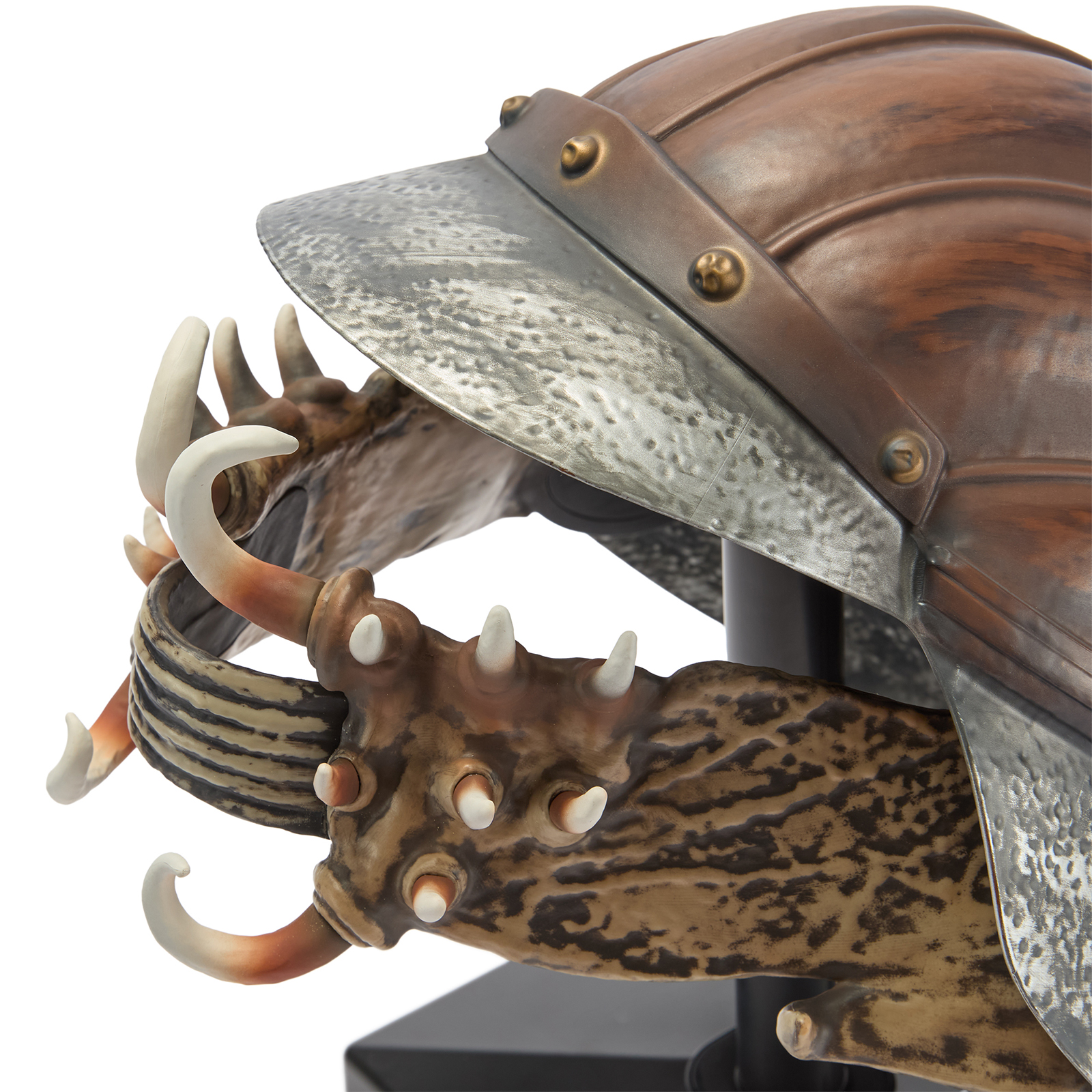 A close up image of the Lando Calrissian's Skiff Guard Helmet collectable from the left hand side