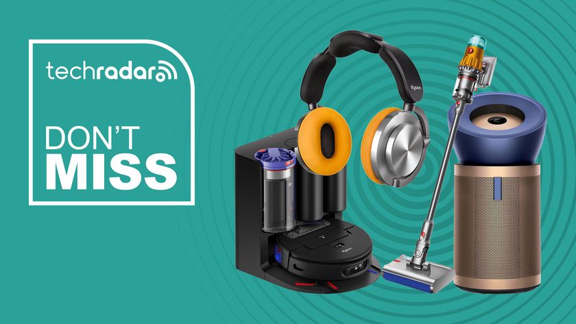 Dyson vacuum cleaners, headphones and air purifiers on a cyan background with "Don't Miss" text in white.