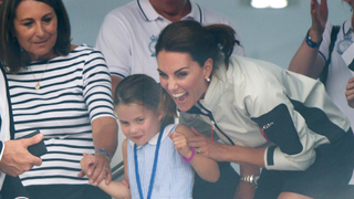 Carole Middleton, Princess Charlotte and Catherine, Duchess of Cambridge attend the presentation following the King's Cup Regatta on August 08, 2019 in Cowes, England