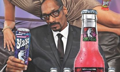 Snoop Dogg promotes Pabst's new fruity malt liquor drink, Blast by Colt 45, a single can of which contains five servings of alcohol.